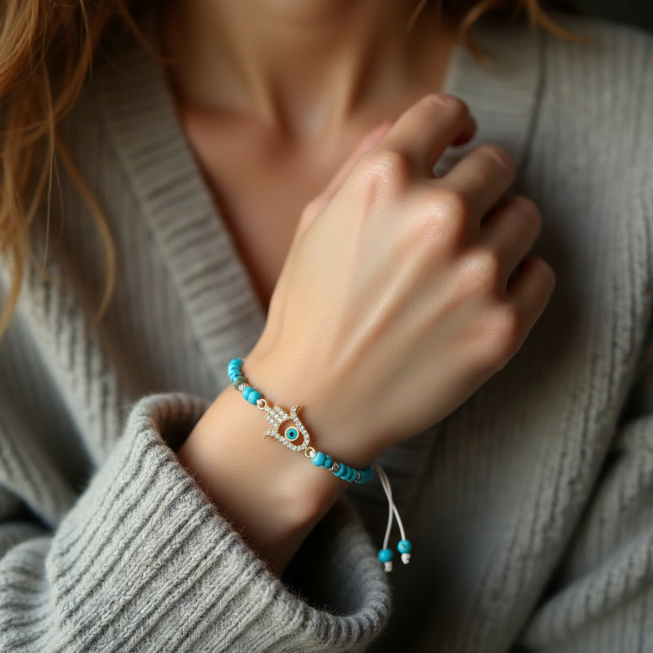 Hamsa Hand with Blue Gemstones Braided Bracelet in 18K Gold