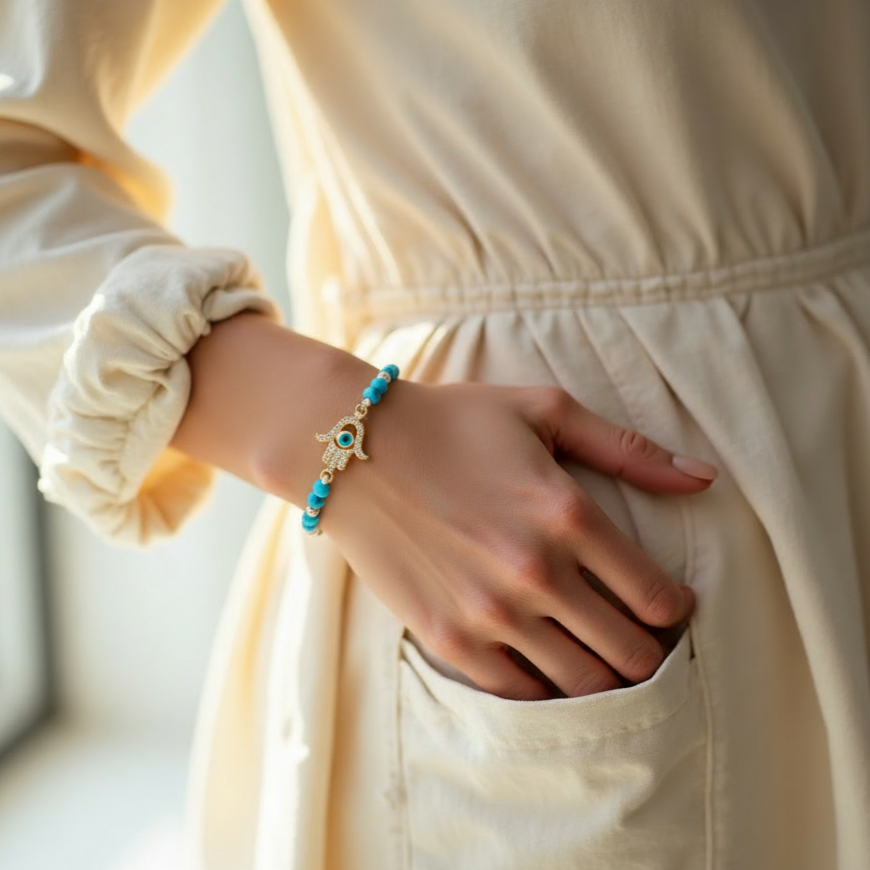 Hamsa Hand with Blue Gemstones Braided Bracelet in 18K Gold