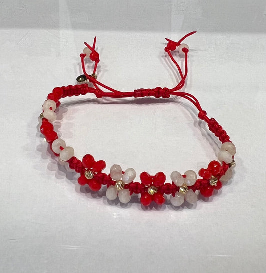 Red & White Flowers Braided Bracelet in 18K Gold