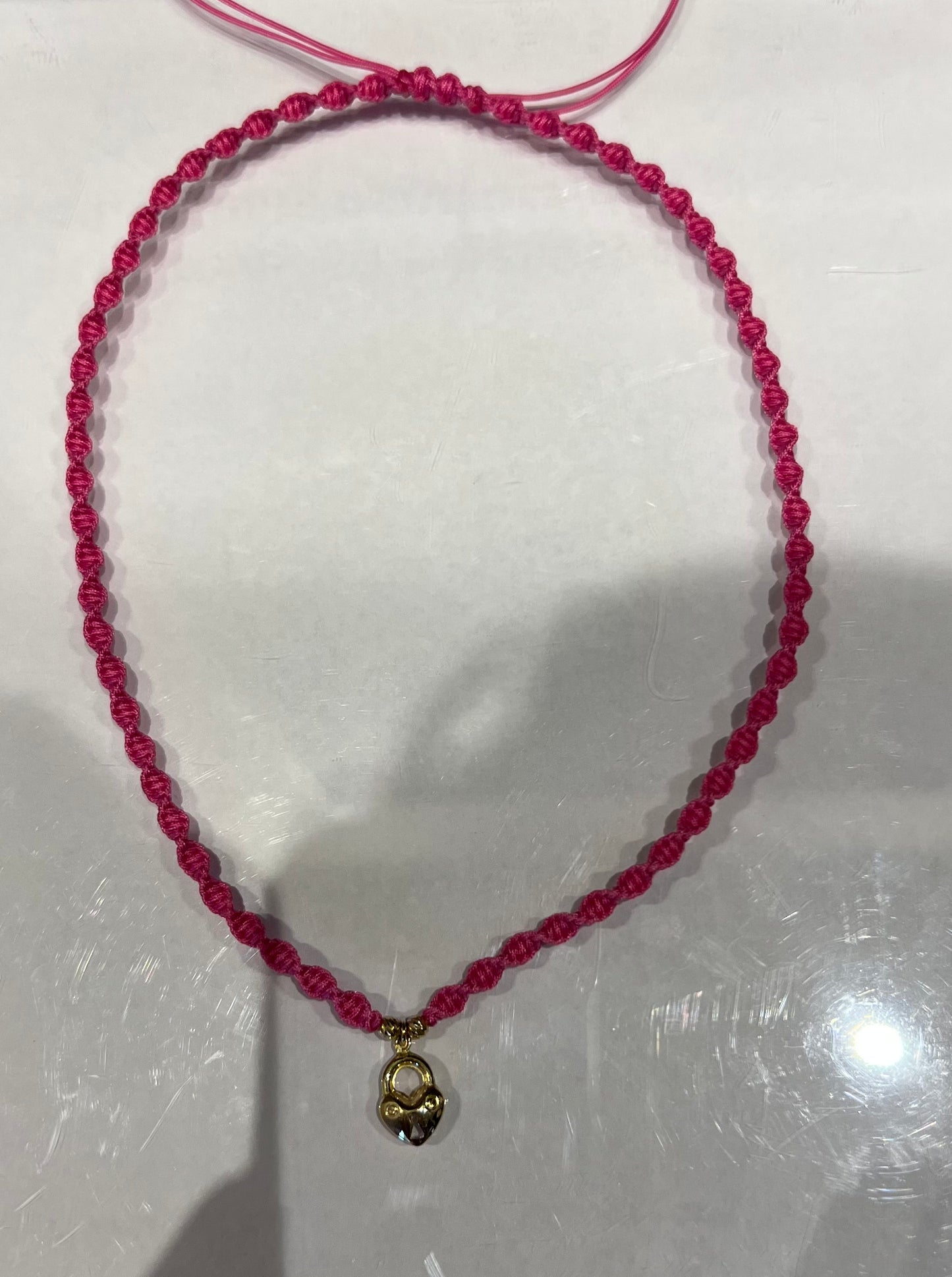 Heart Lock Fuchsia Braided Necklace in 18K Gold