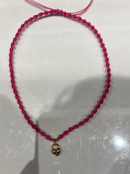 Heart Lock Fuchsia Braided Necklace in 18K Gold