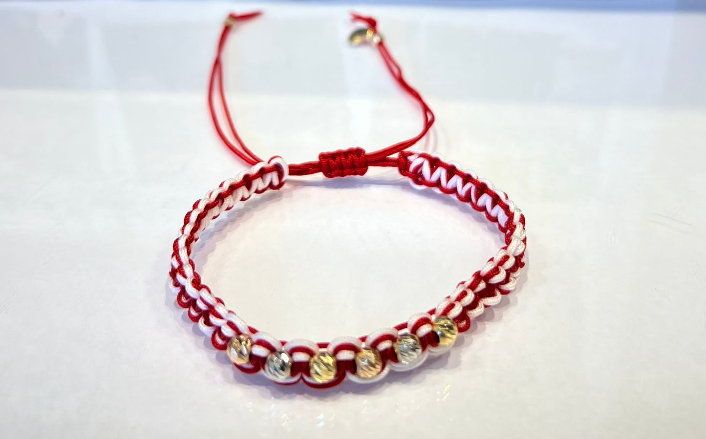 Red & White Braided Bracelet in 18K Gold