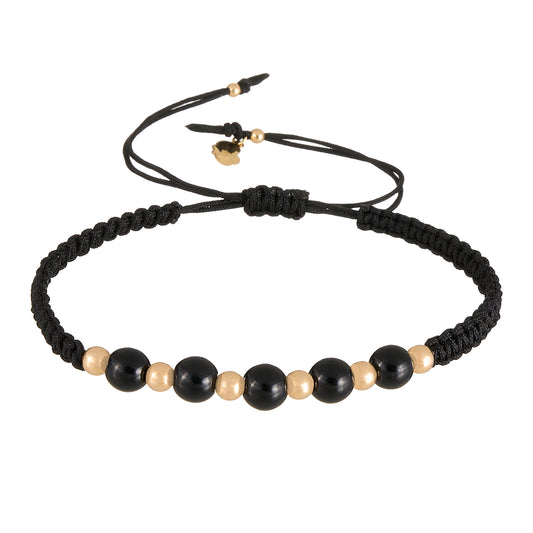 Gold Beads & Black Gemstones Braided Bracelet in 18K Gold
