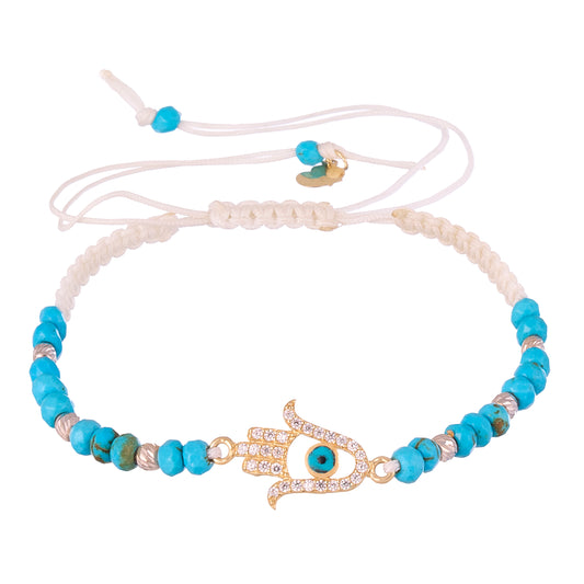 Hamsa Hand with Blue Gemstones Braided Bracelet in 18K Gold