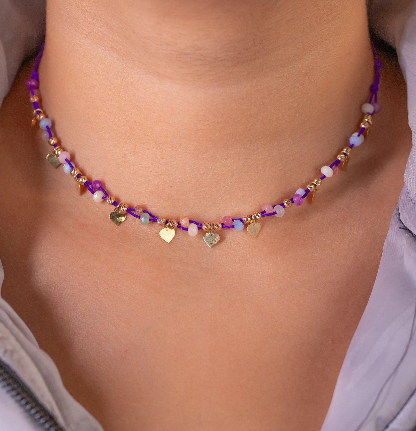 Purple Mini Hearts & Gemstones Cord Necklace in 18K Gold