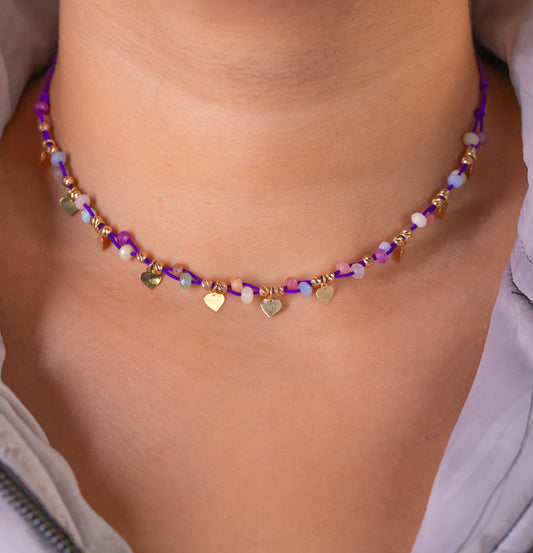 Purple Mini Hearts & Gemstones Cord Necklace in 18K Gold